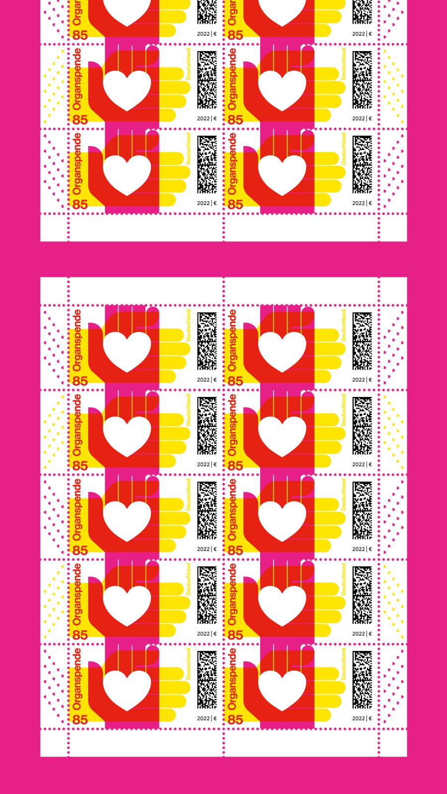 Vollständiger Druckbogen der Organspende-Sonderbriefmarke mit 10 Marken und weißen Herzmotiven auf pinkem Hintergrund