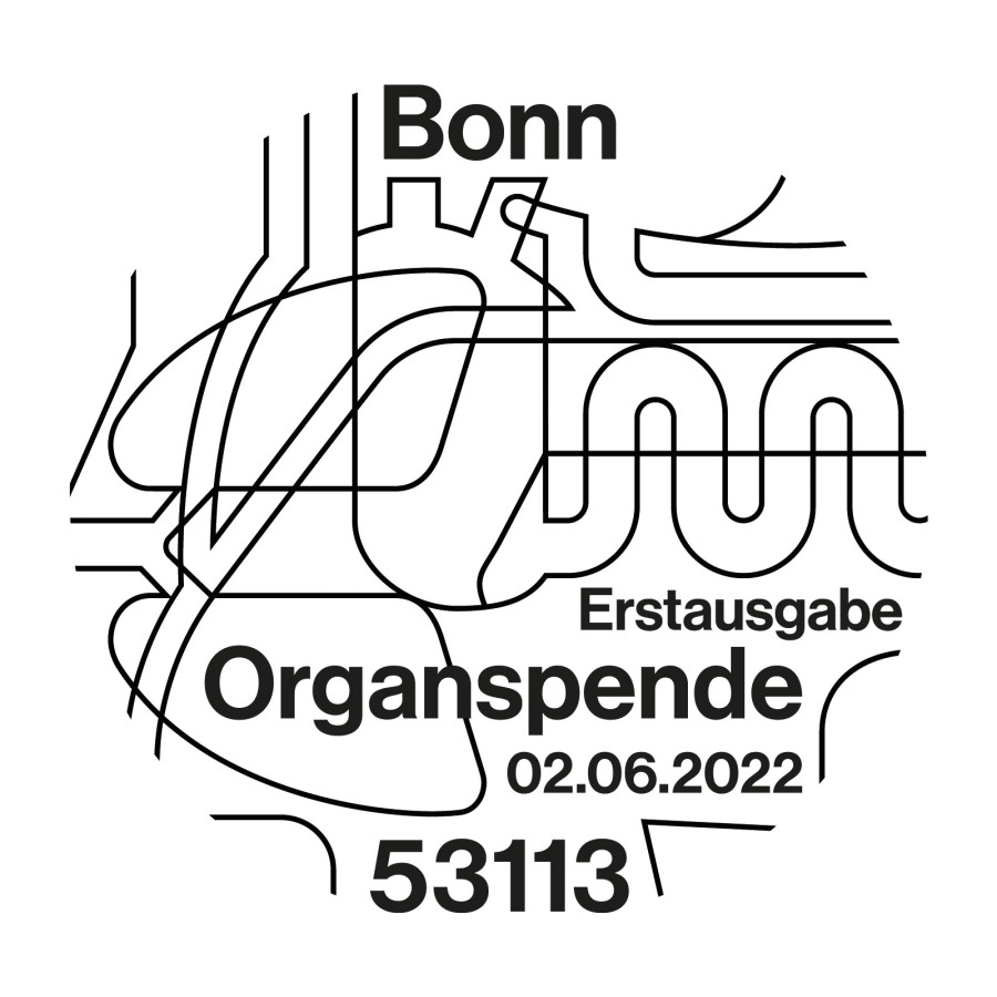 Ersttagsstempel zur Sonderbriefmarke Organspende für den Poststandort Bonn (PLZ 53113) mit einer grafischen Darstellung von Organen und dem Ausgabedatum 02.06.2022