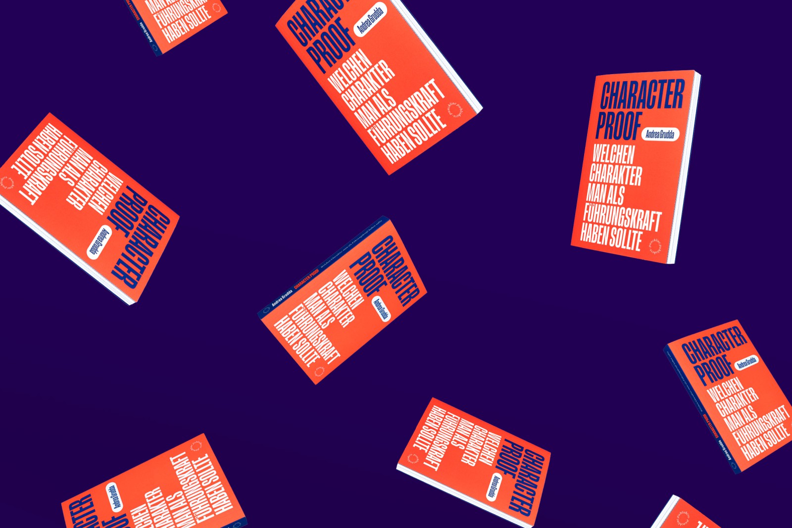Mehrere Mockup Exemplare vom Buch &bdquo;Character Proof" von Andrea Grudda schweben auf dunkelblauem Grund
