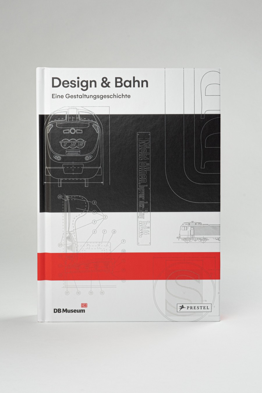 Cover of the book “Design & Bahn” (bookstore edition), featuring an abstract graphic design, a technical drawing of a locomotive, and other design elements