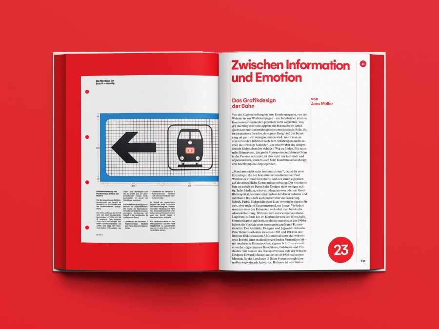 Spread mockup of a double-page spread on the development of the DB logo: left page featuring a grid layout and pictograms, right page featuring the text “Between Information and Emotion – The Graphic Design of the Railroad”