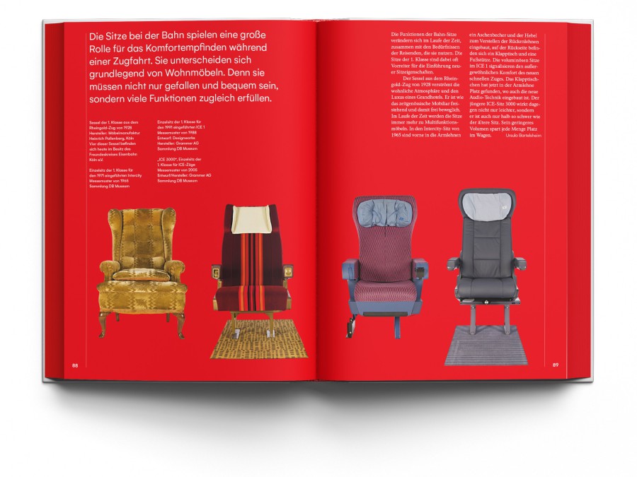A spread showing the evolution and features of seating options on German railways