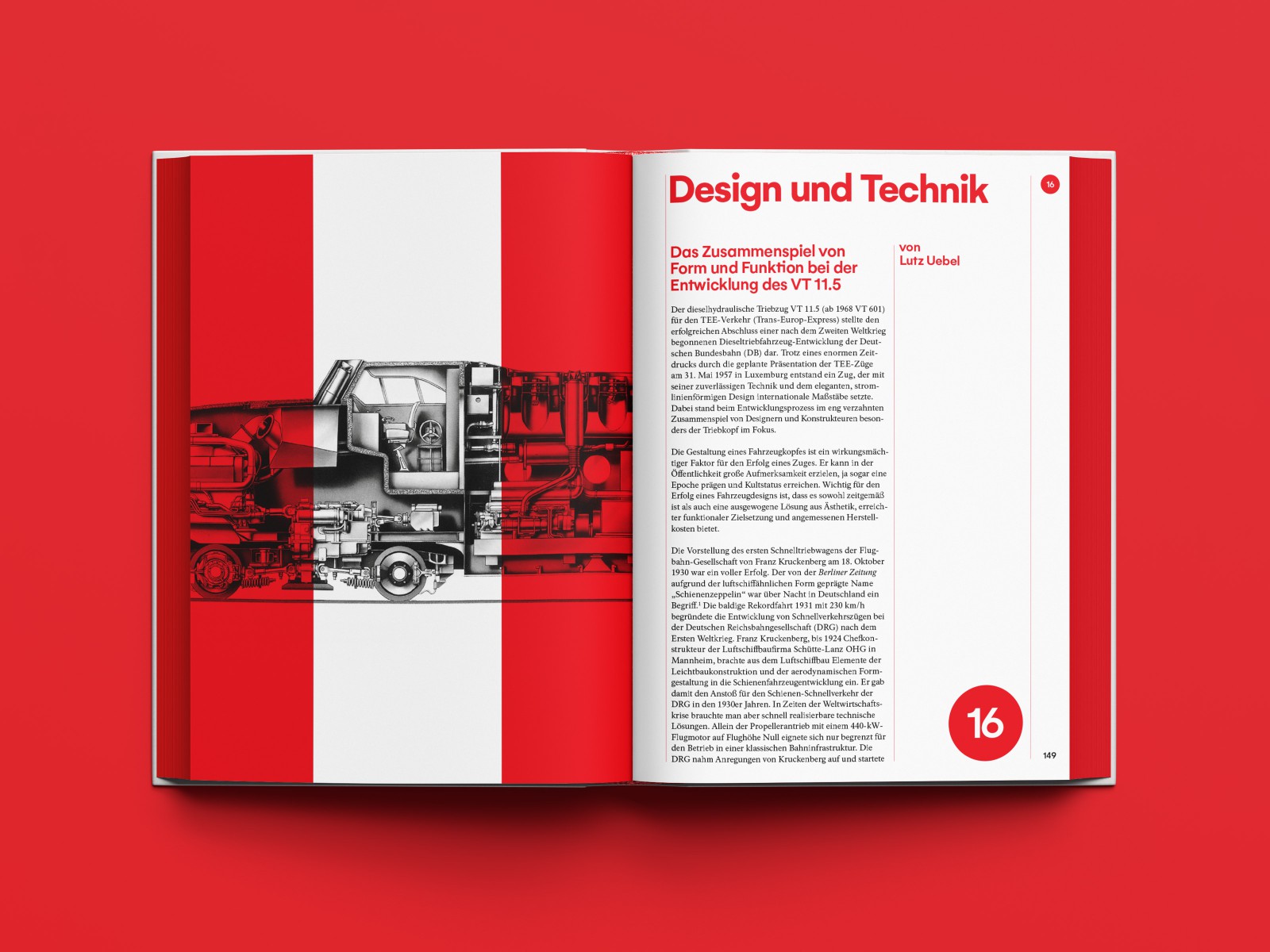 Spread mockup: left page showing a cross-section of a locomotive, right page with the text “Design and Technology—The Interplay of Form and Function in the Development of the VT 11.5”