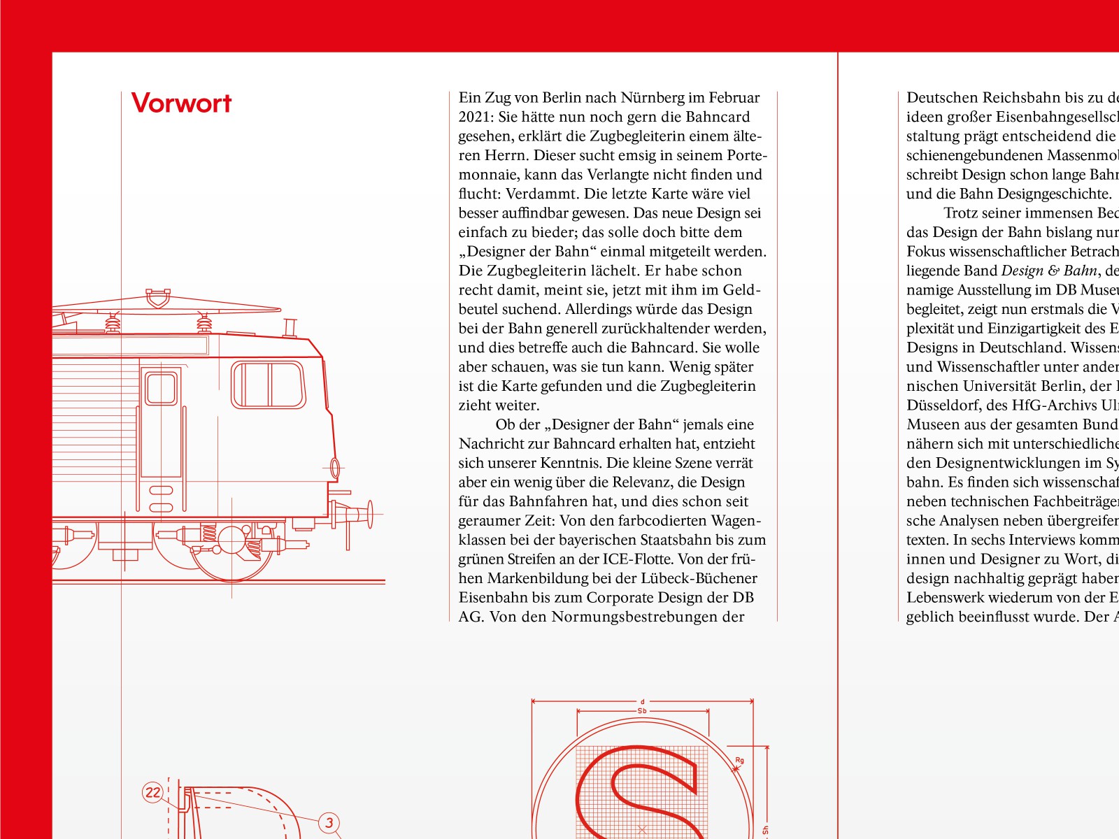 Close-up of a spread showing the “Foreword” section, featuring technical drawings of a locomotive and the S-Bahn symbol