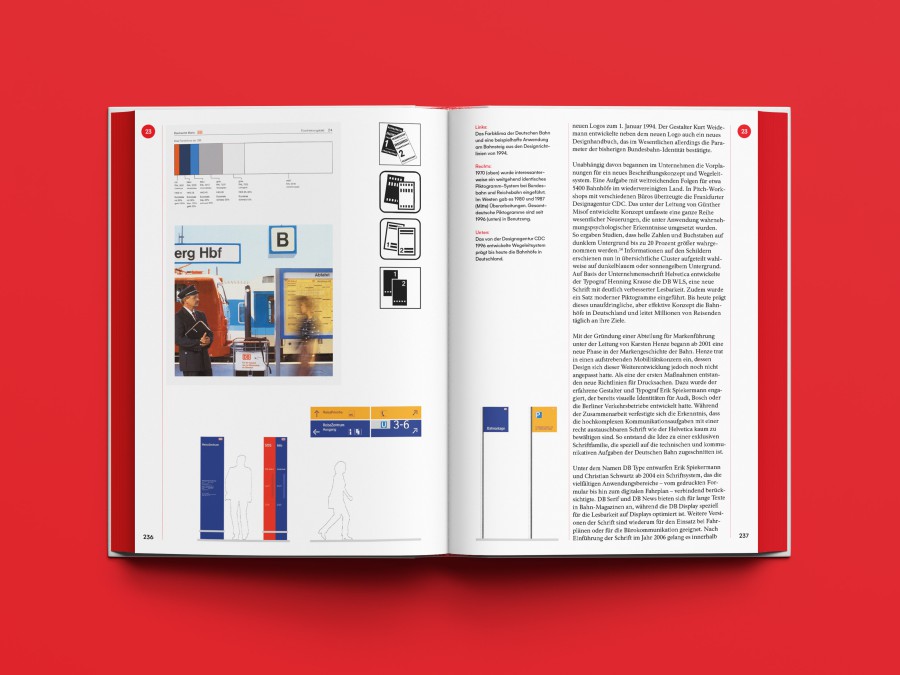 A spread of mock-up pages shows Deutsche Bahn’s color scheme from the 1994 design guidelines, the evolution of pictograms from 1970 to 1996, and the wayfinding system developed by the design agency CDC in 1996
