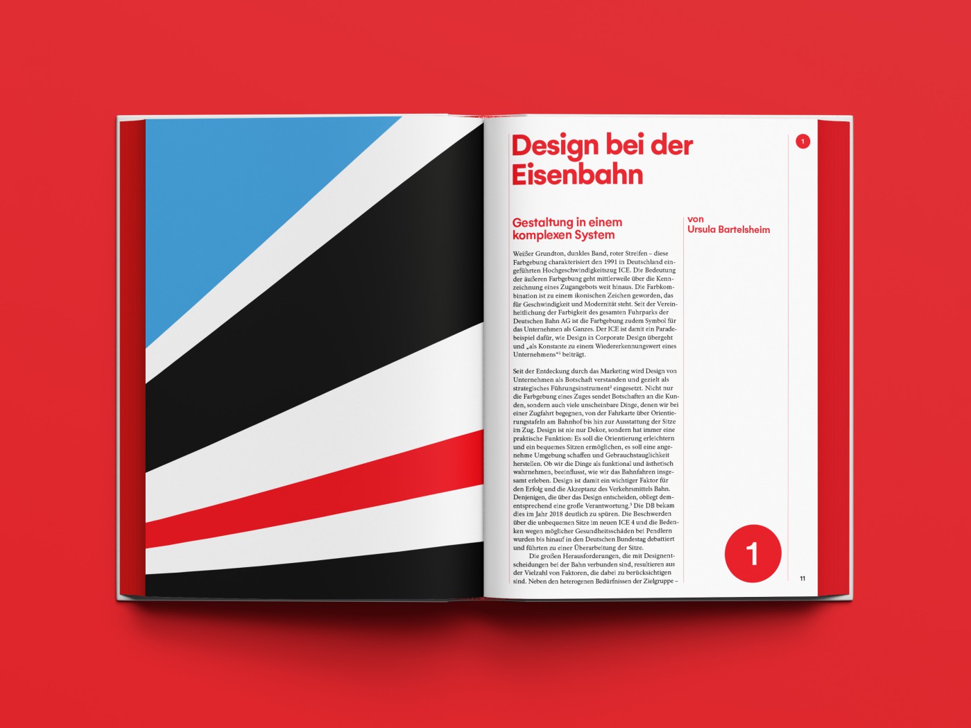 A spread from the book &ldquo;Design & Bahn&rdquo; featuring historical black-and-white photos and accompanying text on a red background