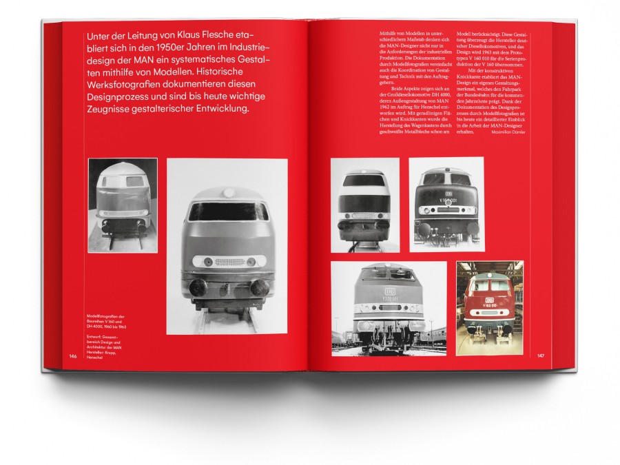 A spread showing the evolution of MAN's industrial design through a systematic approach using models from 1960 to 1963