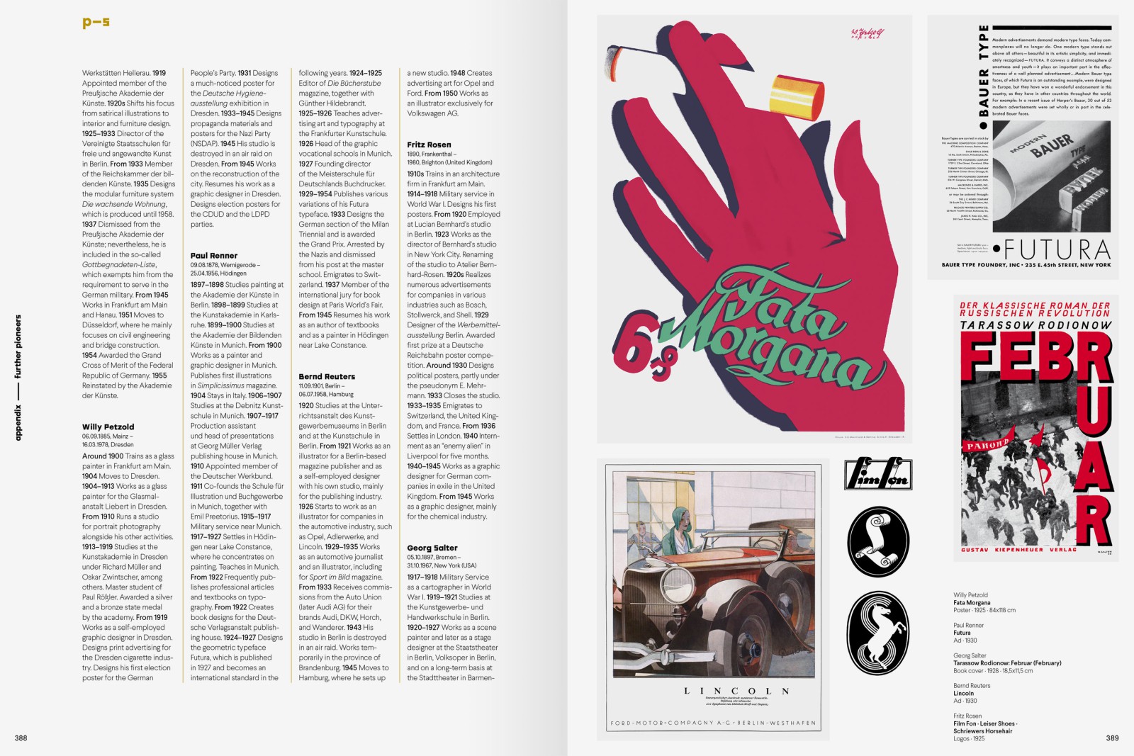 A spread from “Design Pioneers” featuring an excerpt from the designer profiles in the index: on the left, a multi-column biography; on the right, historical advertising examples from 1925 to 1930—including a movie poster for “Fata Morgana,” an advertisement featuring Futura typography, and a constructivist poster for the Gustav Kiepenheuer Publishing House