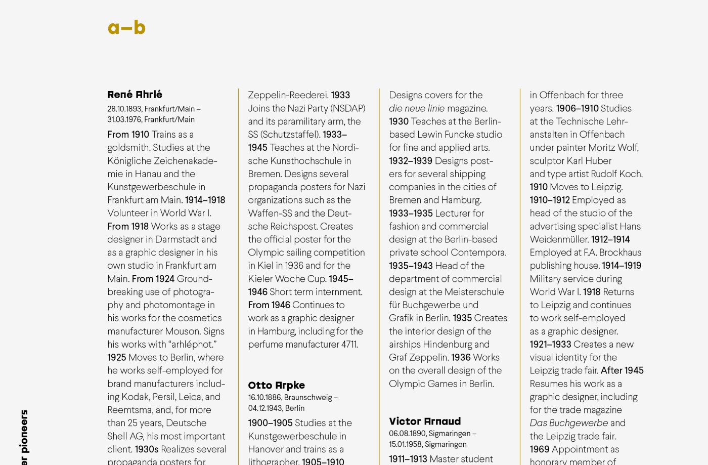 Detailed view of the various elements of a book: a multi-column chronology of various pioneers of German graphic design (including Willy Petzold, Paul Renner, Bernd Reuters, Fritz Rosen, and Georg Salter), also serving as an index; illustrations of historical posters; and a map of Germany showing the distribution of design schools