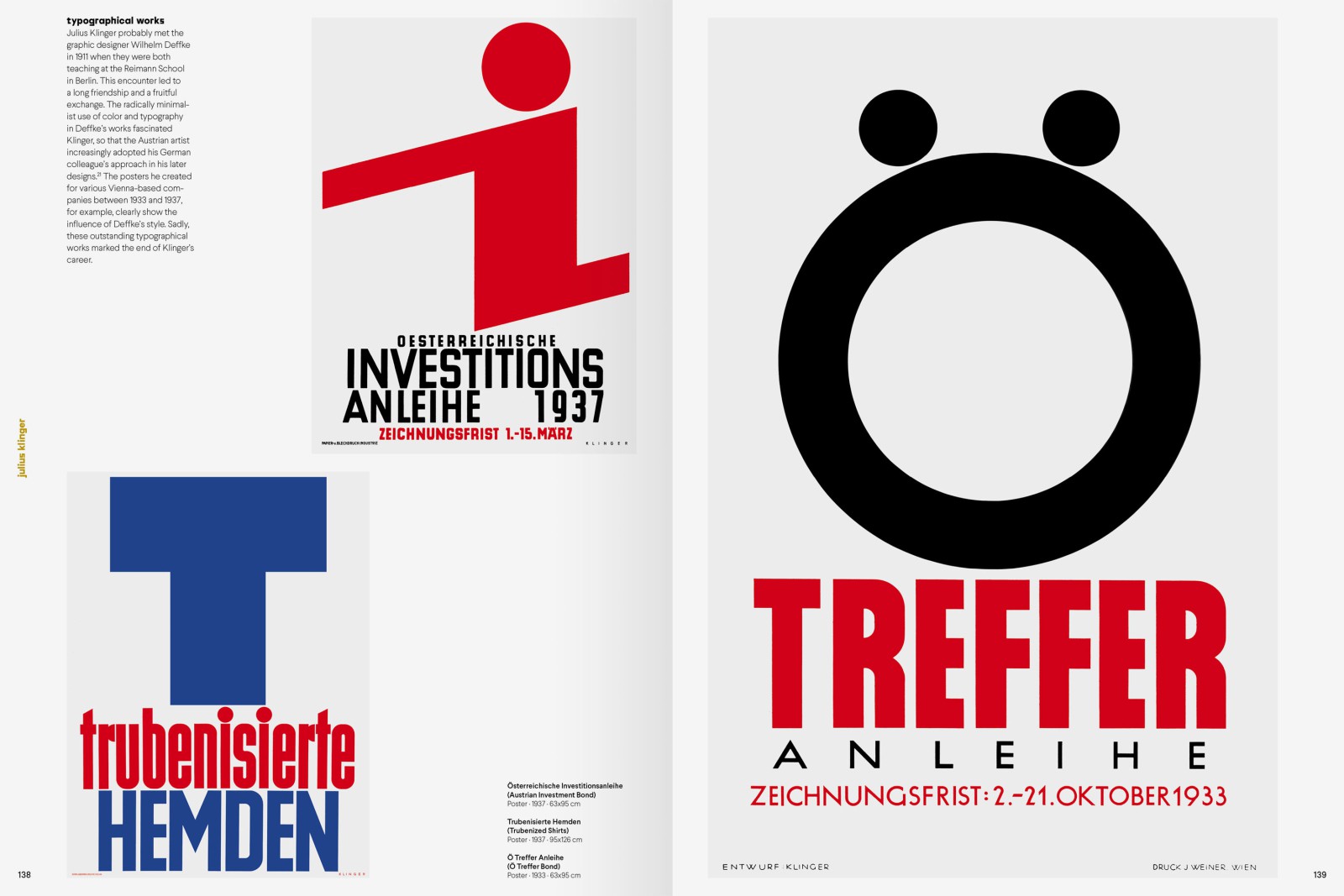 A spread from *Design Pioneers* featuring the biography of designer Julius Klinger: on the left, biographical text, a poster for the “Austrian Investment Bond 1937,” and “Trubenized Shirts” in red, blue, and white with striking typography; on the right, the poster “O. Treffer Bond” by Julius Klinger (1933)