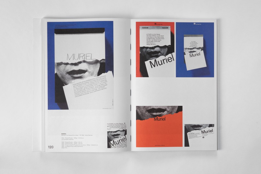 Aufgeschlagene Doppelseite aus dem Buch „Moving Pictures" mit Entwurfsvarianten des Muriel-Filmplakats