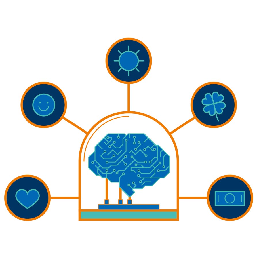 Editorial infographic for HHU Magazine: a schematic representation of a connected brain featuring symbols for the heart, money, and other emotions in orange and blue on a white background