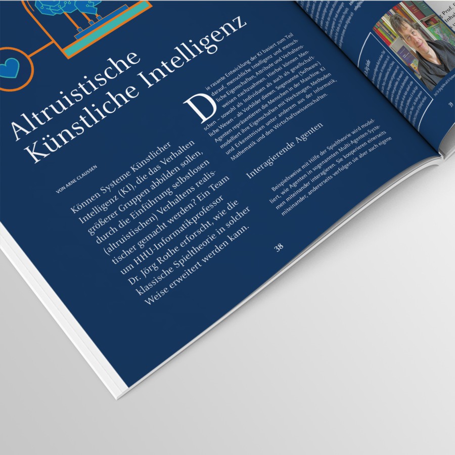A spread from HHU Magazine on the topic of altruistic artificial intelligence: a typographically designed introduction to the article titled “Altruistic Artificial Intelligence” on a dark blue background with white text