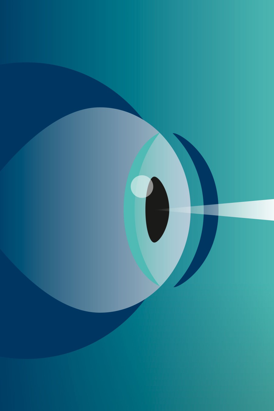 Large editorial illustration for HHU Magazine: a highly simplified, stylized eye in turquoise and dark blue on a light blue background, symbolizing perception or surveillance