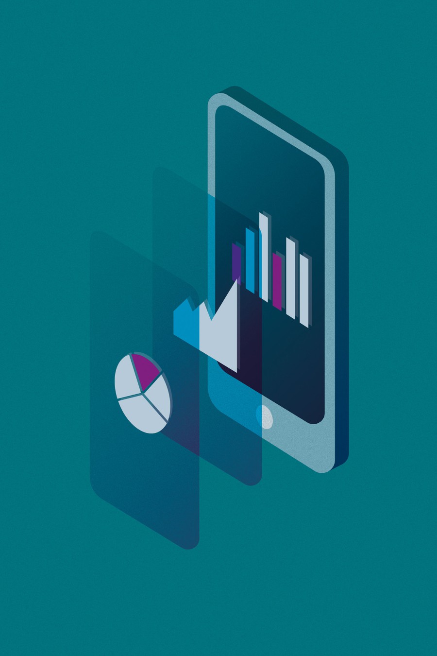 Editorial illustration for HHU Magazine: an isometric depiction of a smartphone featuring bar charts and a pie chart on a turquoise-blue background, symbolizing data analysis and digital statistics