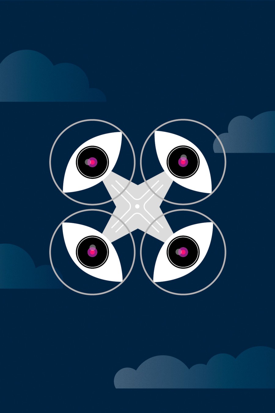 Editorial illustration for HHU Magazine: an abstract night scene featuring clouds and geometric shapes, depicted as a drone against a dark blue background