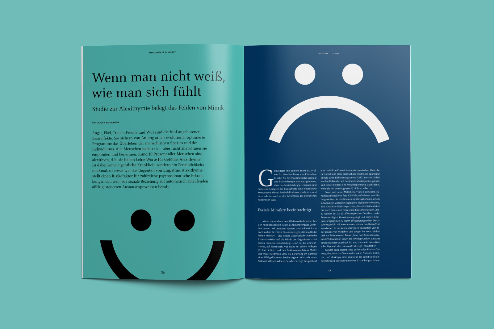 A spread from HHU Magazine titled “When You Don’t Know How You Feel – Study on Alexithymia Confirms the Absence of Facial Expressions,” featuring a large stylized happy smiley face and a sad one