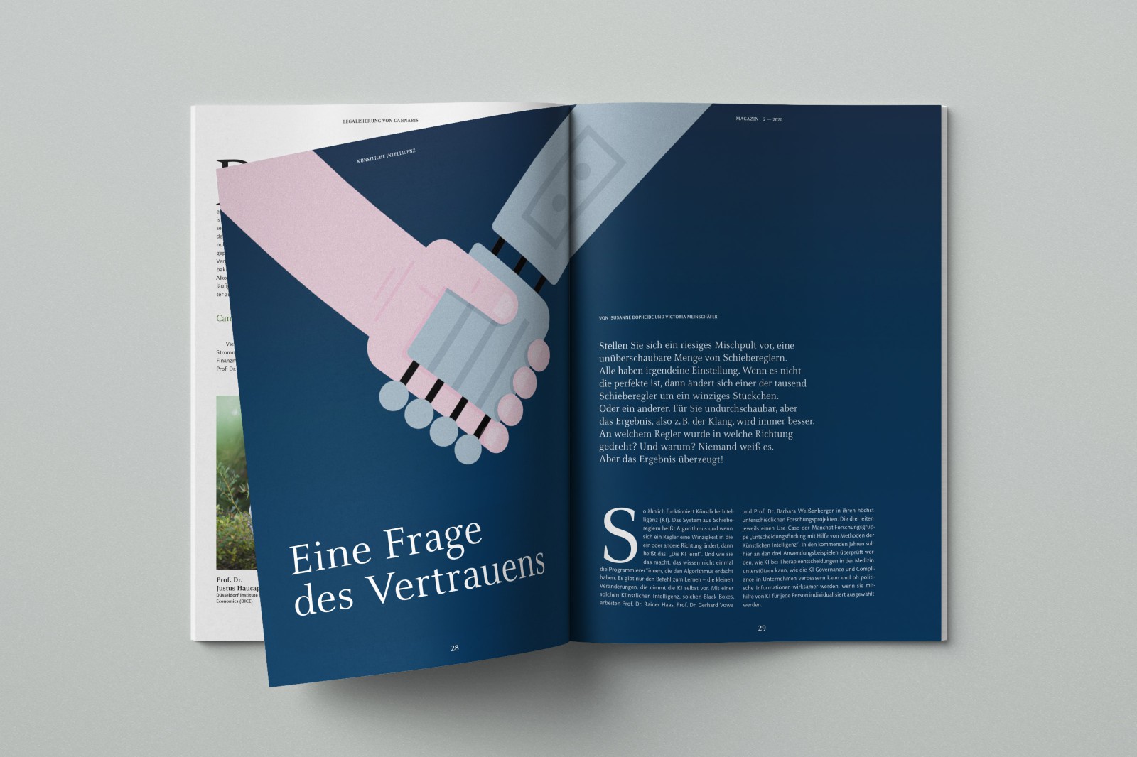 A spread from HHU Magazine featuring a lead story on AI algorithms with the headline “A Matter of Trust” and an illustration of two hands touching—one human, one mechanical—against a dark blue background