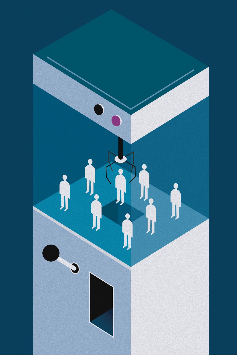 Editorial illustration for HHU Magazine: an isometric depiction of a robotic arm hovering over a group of human figures on a blue background, symbolizing algorithmic decision-making and AI control