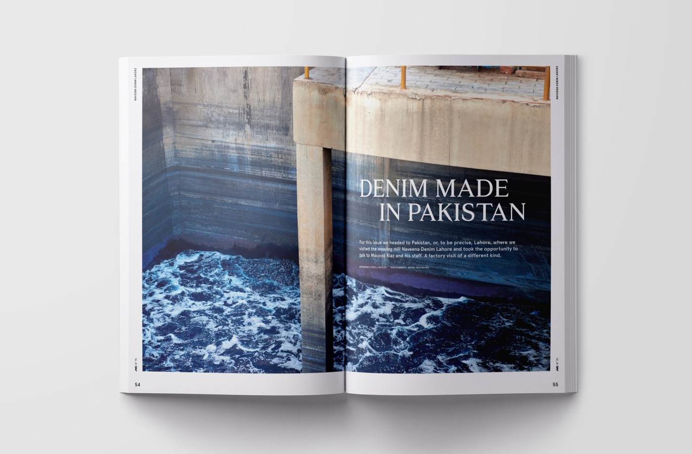 Opened J'N'C magazine mockup featuring sample double-page spreads from the fashion spreads &ldquo;Utopia,&rdquo; &ldquo;No Rules,&rdquo; &ldquo;Denim Made in Pakistan,&rdquo; and &ldquo;la Vie de Nimes,&rdquo; the &ldquo;Cover Feature,&rdquo; and two interviews (AFEW and Wouter Munnichs)