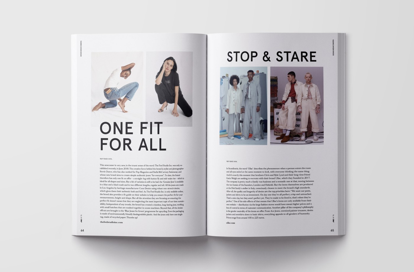 An open copy of J'N'C magazine featuring sample double-page spreads from the sections &ldquo;Brands to Watch,&rdquo; &ldquo;Most Wanted,&rdquo; &ldquo;Denim Textile Trends,&rdquo; &ldquo;Bits & Pieces,&rdquo; and &ldquo;Denim Newcomers&rdquo;