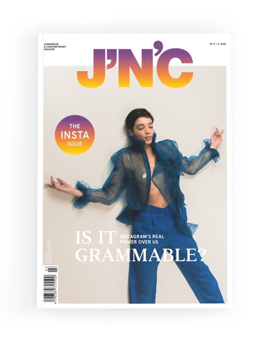 J'N'C Magazine Cover No. 77, Issue 3/2019: Model in a blue organza outfit poses against a light-colored background; cover story: “Is it Grammable? – Instagram’s Real Power over Us”; logo features a purple-orange gradient; “The Insta Issue” button