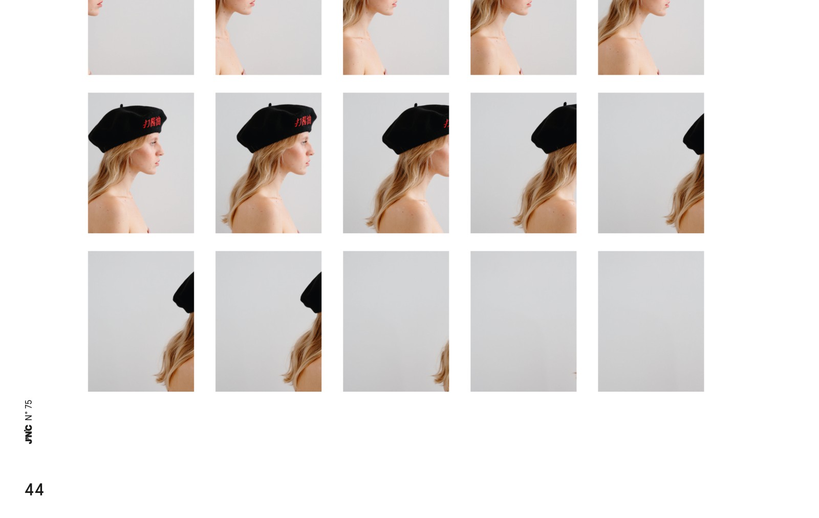 A grid of 15 square cropped photos from J'N'C No. 75, showing a female model in profile wearing a black beret with red Asian embroidery, with varying image croppings
