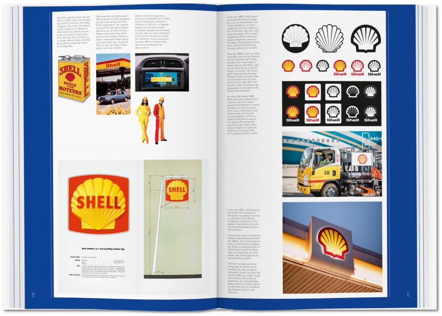 A spread from “Logo Beginnings” featuring historical black-and-white logos and explanatory text on the logo development of well-known global brands, using Shell as an example