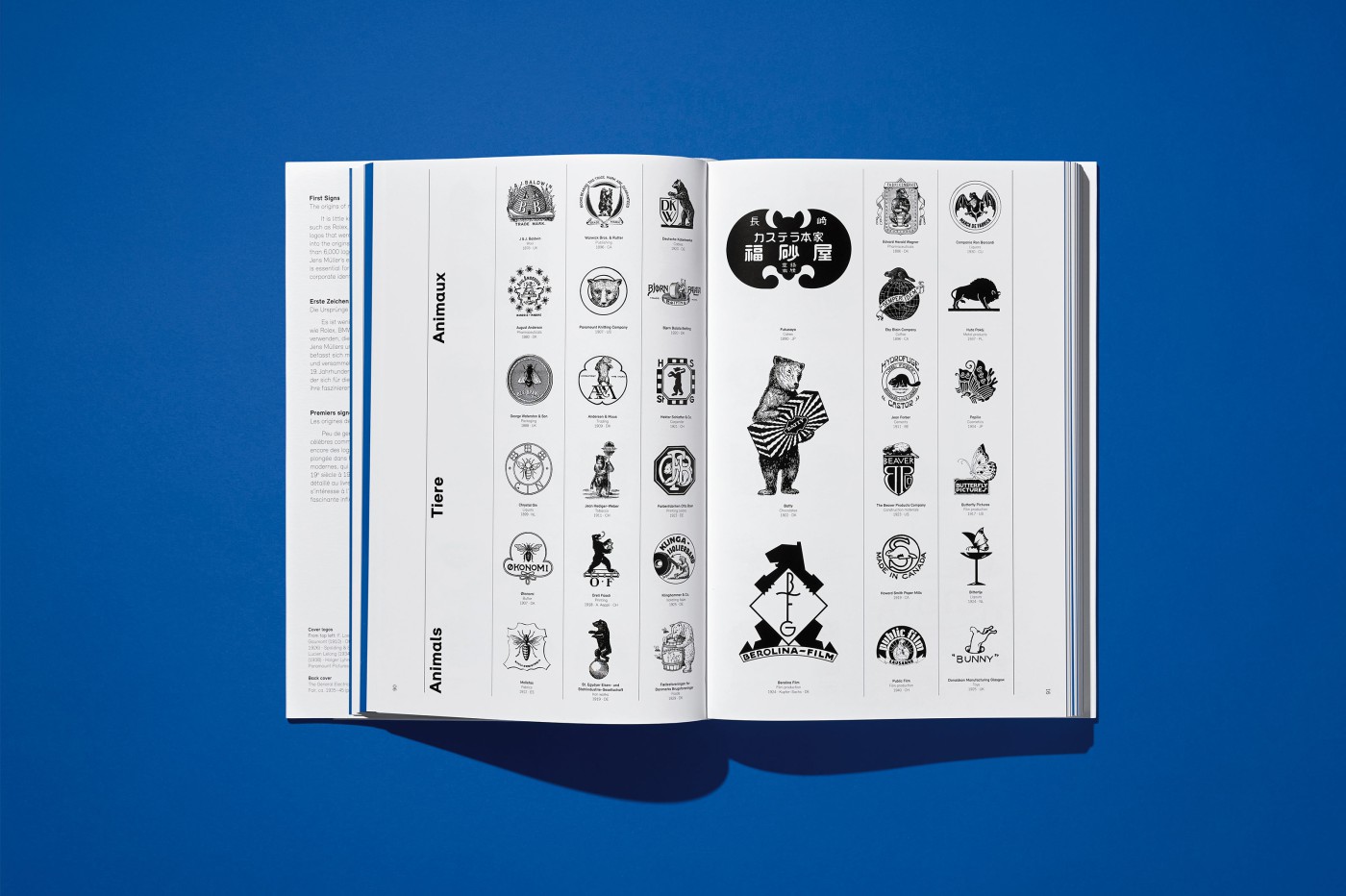 Double-page spreads from &ldquo;Logo Beginnings&rdquo; featuring categorized company logos and trademarks, including logos from well-known companies such as Avanti and section dividers