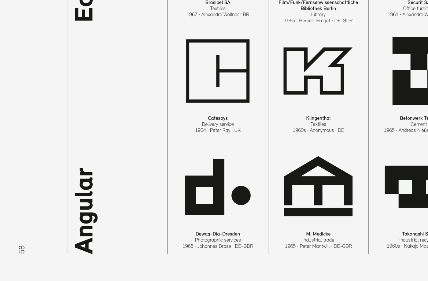 Excerpts from the layout of the book *Logo Modernism*, featuring close-ups of the biography, introductory text, and a selection of various collections of figurative marks, signets, and logos