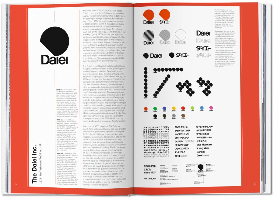 A spread from “Logo Modernism” featuring a case study of the Japanese retail company Daiei: on the left, explanatory text and background information; on the right, the complete logo development process, including color variations and examples of use
