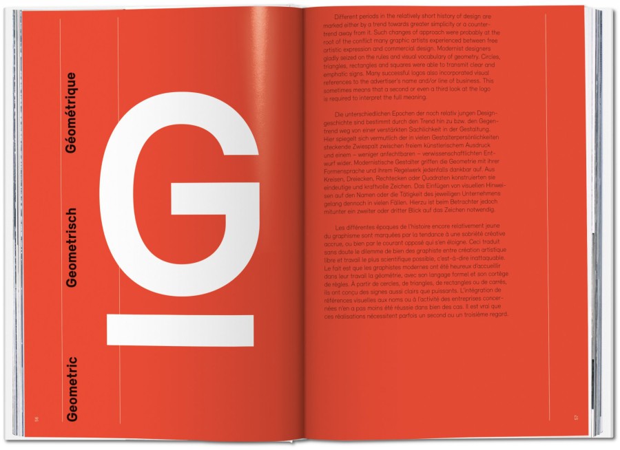 A spread from “Logo Modernism”: the left page features a bright orange-red background with a giant white capital “G” and the chapter title “Géométrique / Geometrisch / Geometric” in three languages to open the chapter, while the right page contains the introductory text