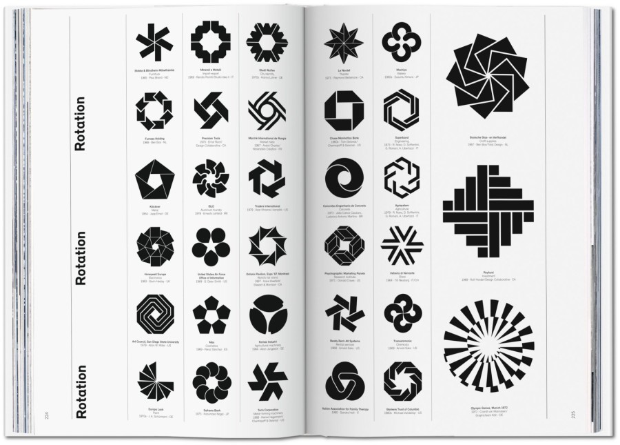 A double-page spread from *Logo Modernism* featuring the “Rotation” category, showing rotationally symmetrical logos for, among others, Chase Manhattan Bank, the 1972 Munich Olympics, and Royfund in a grid layout
