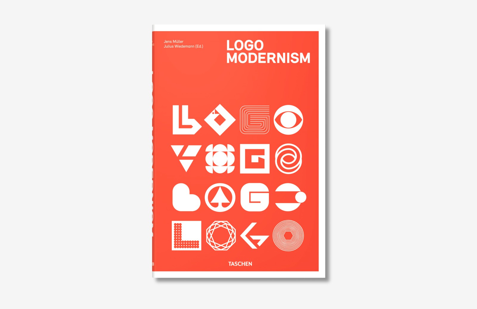 Front cover of “Logo Modernism” by Jens Müller and Julius Wiedemann (Taschen): an orange-red cover featuring the title in white and a collage of geometric logos from the 20th century