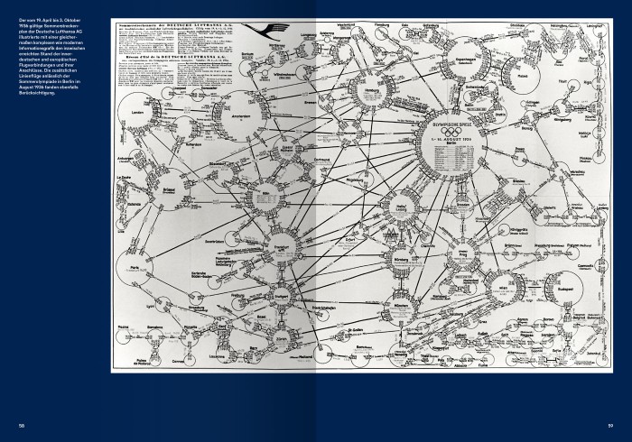 Doppelseite aus dem Buch 100 Jahre Lufthansa, Abbildung Sommerstreckenplan 1936