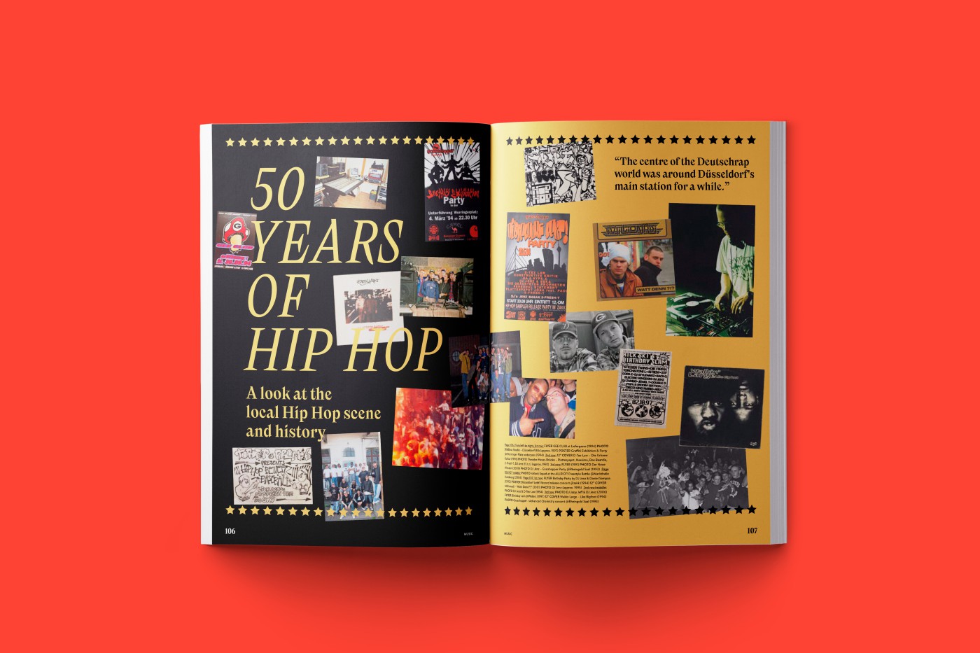 Slider verschiedener Doppelseiten Mockups - Einblick in THE DORF THE MAG 7 und 8 auf rotem Hintergrund