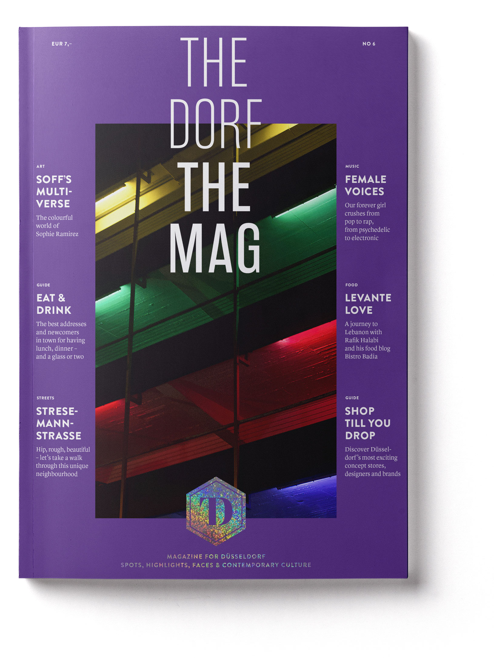 THE DORF THE MAG Issue 6 from 2022, featuring a neon architectural photograph against a purple background