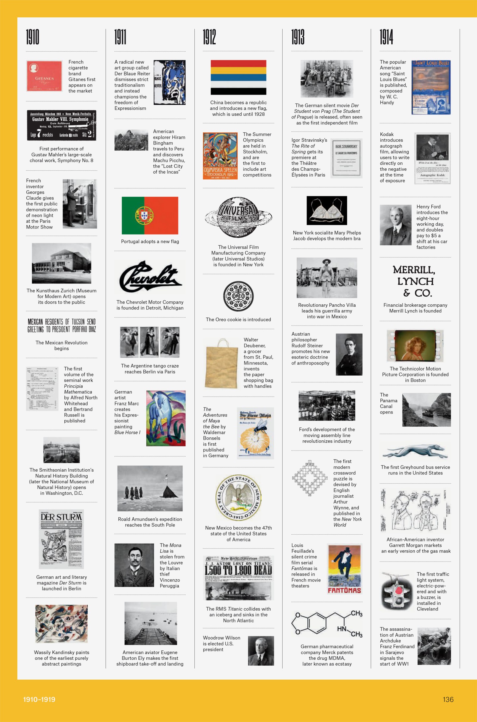A multi-column timeline from *The History of Graphic Design* covering the decade 1910–1919: cultural and historical events combined with iconic design examples, including the Chevrolet logo, the Oreo cookie design, and early movie posters