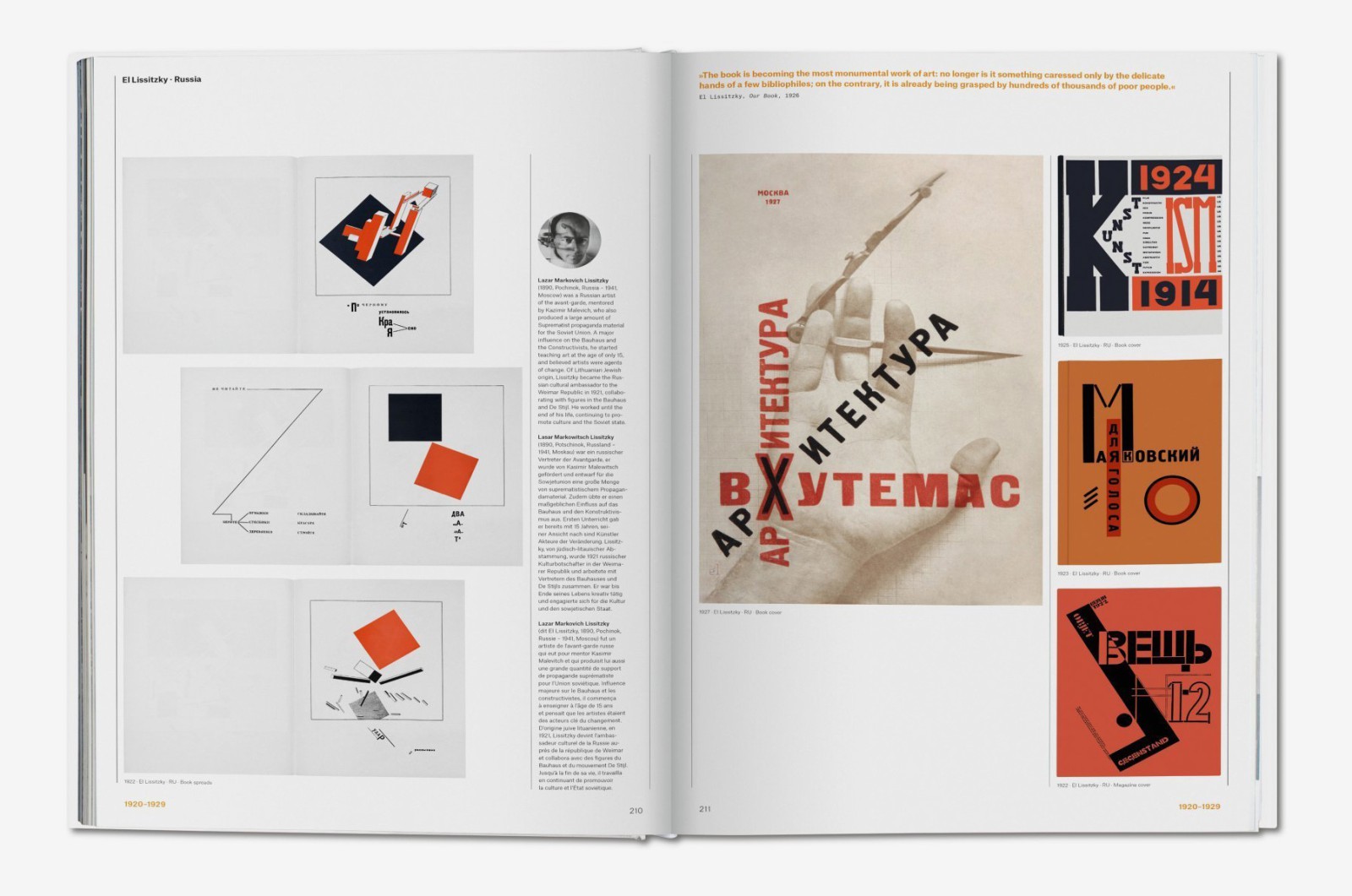 A spread from *The History of Graphic Design* featuring the Russian Constructivist El Lissitzky: the left page shows black-and-white book designs and geometric compositions, while the right page features Soviet propaganda posters in red and black from 1914–1928