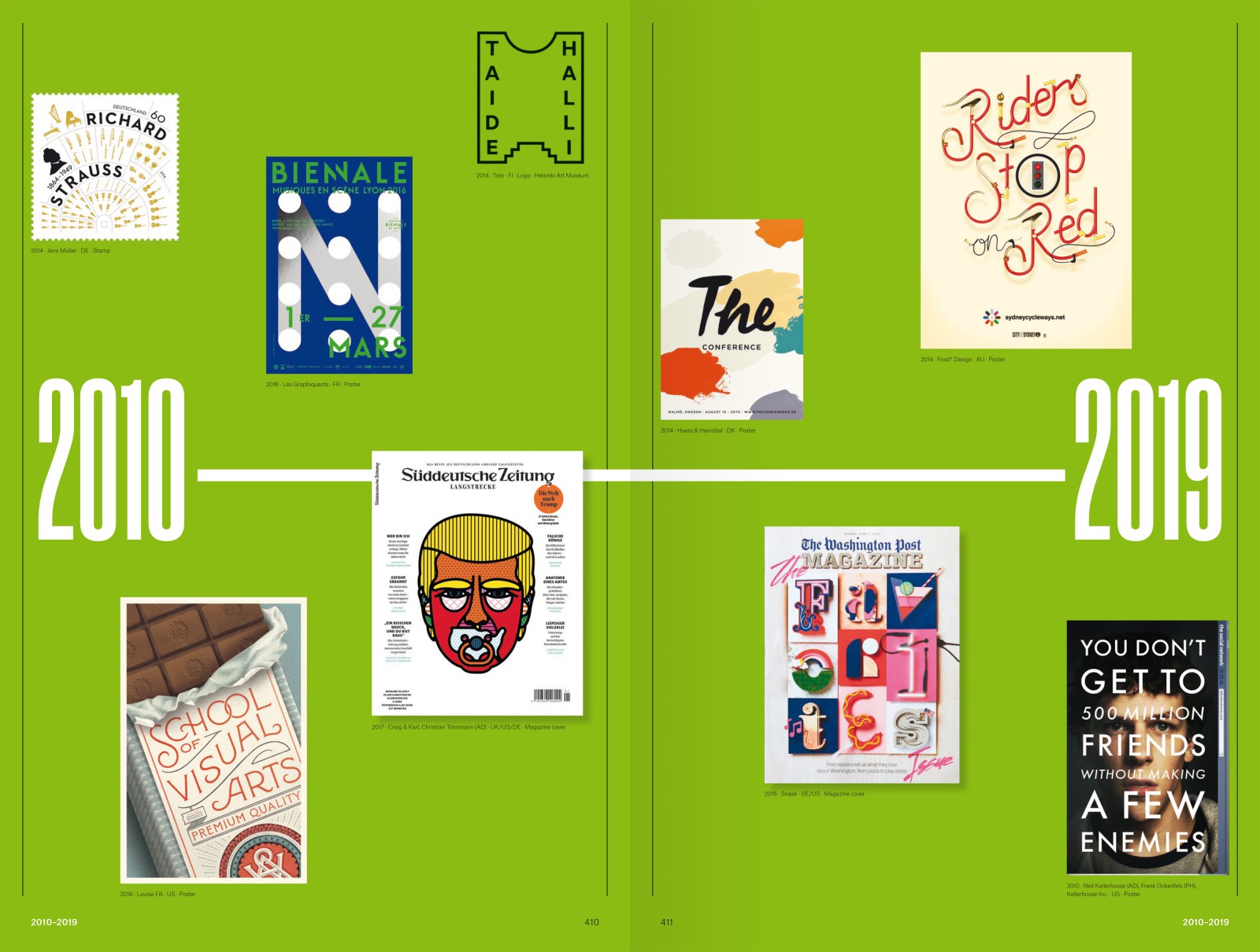A spread from *The History of Graphic Design* covering the decade 2010–2019 on a green background: magazine covers, posters, and examples of corporate design, including *Süddeutsche Zeitung Magazin* and *Washington Post Magazine*