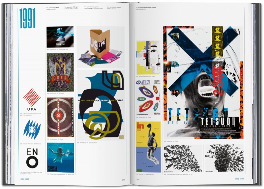 A spread from *The History of Graphic Design* dated 1991: expressive graphic design from the early 1990s, including album covers and movie posters featuring bold typography