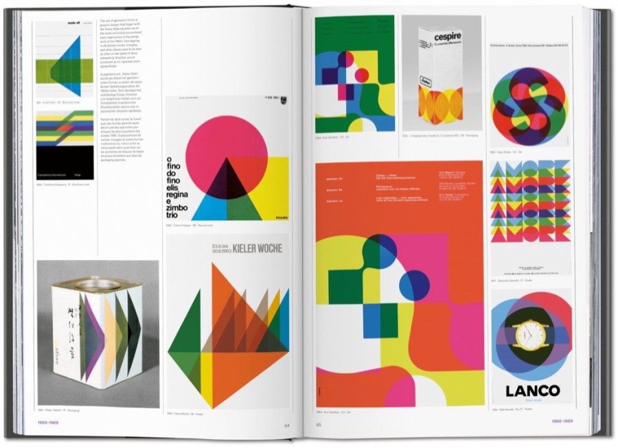 A spread from *The History of Graphic Design* featuring colorful geometric poster and packaging designs from the 1960s, including works for *Atelier Woche* and the Lanco brand