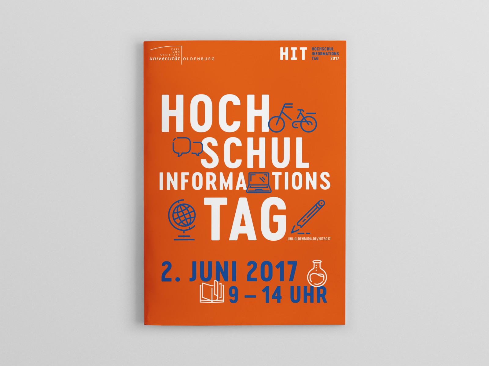 The University of Oldenburg’s 2017 HIT program booklet in orange on a light background: front cover featuring white lettering that reads “University Information Day,” blue line icons, and the event date and time “June 2, 2017, 9 a.m.–2 p.m.”