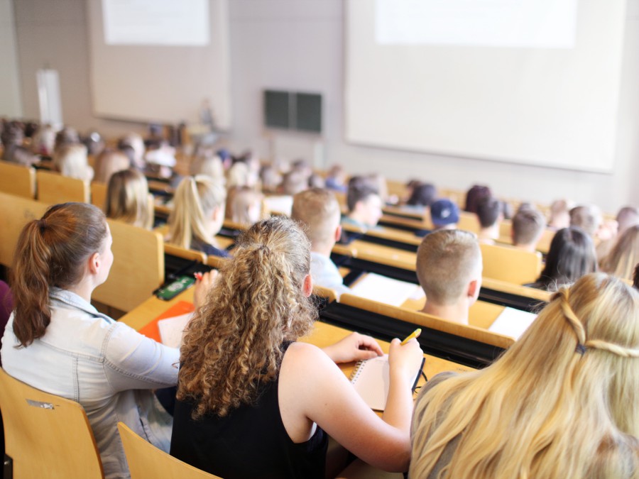 News photo taken in a lecture hall at the University of Oldenburg: a view from behind of students sitting on wooden benches during a class