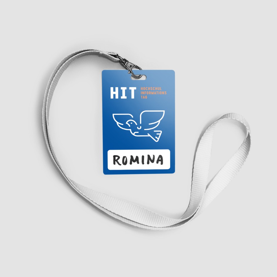 Blue HIT name tag as a customizable accessory for students at the College Information Day